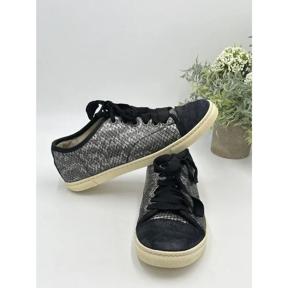 Lanvin Paris Black Pewter Calf Hair Leather Ribbon Lace Up Low-Top Sneakers Sz 7
